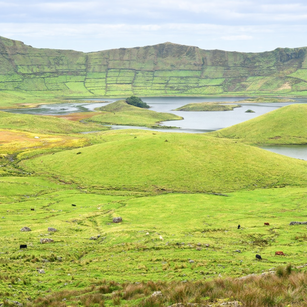 A crater lake surrounded by green grass in the Azores.